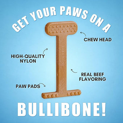 Bullibone Nylon Dog Chew Toy for Aggressive Chewers - Dental Hygiene Bone with Beef Flavor, Durable Tough Chew Toys for Large Dogs, Indestructible Dog Bone - 3 Pack