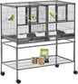 PawHut Divided Breeder Bird Cage with Rolling Stand Removable Metal Tray, Storage Shelf, Wood Perch, and Food Container