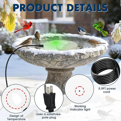 Outdoors 100W Bird Bath Heater for Winter,Birdbath Deicer Pond De-icer Thermostatically Controlled Birdbaths Water Heater with 5.9 Ft Power Cord and Working Indicator Light (White)