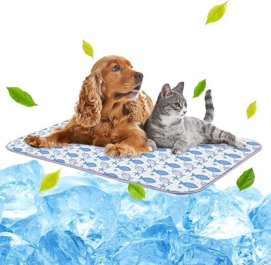 NWK Pack of 4 Pet Cooling Mat - Ice Silk Cooling Mat for Dogs & Cats Portable & Washable Pet Cooling Blanket, Car Seats, Beds for Summer (4pcs, Purple Fish, 39’’ X 27’’ X 0.3)
