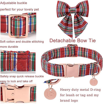 Christmas Plaid Dog Collar with Bow, Red and Blue Check Adjustable Pet Collar with Quick Release, Christmas Stripes Bowtie Collar for Small Medium Large Dogs M