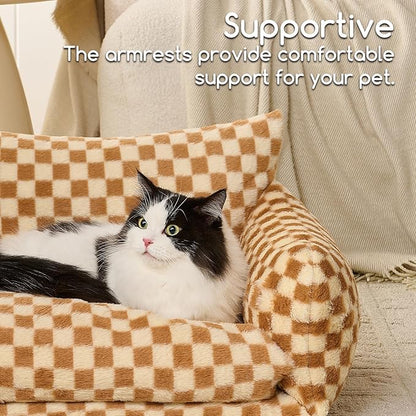 Hollypet Cat Bed Fluffy Plush Mutifuctional Double-Layer Soft Pet Couch Orthopedic Sofa Nest Beds for Small Cats and Dogs, Brown and Light Yellow (25x20x13 inch)