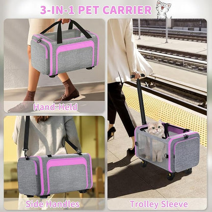 Rolling Pet Carrier with Detachable Wheels - 18x11x11 TSA Airline Approved for Southwest Delta United American, Soft Sided Expandable Travel Bag for Small Dogs & Cats up to 15Lbs, Fits Under Seat