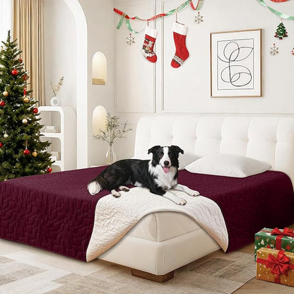 Waterproof Dog Blanket, Non-Slip Soft Pet Bed Cover, Couch Cover for Dogs Washable, Protects Sofa, Furniture, Crate, Car, Tear Resistant Leakproof Pet Blanket Christmas (82x82 Inch, Burgundy)