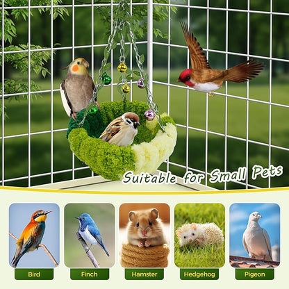 Bird Nest with Bell for Cage,Plush Hanging Bird Bed for Parakeet Indoor & Outdoor,Breeding Bird House for Conure,Budgie,Cockatiel,Lovebird,Canary,Finch,Hamster,Small Pets,Warm Nest,Green L