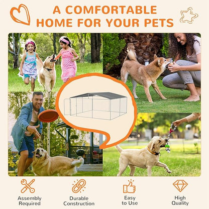 PawHut Outdoor Dog Kennel, Heavy Duty Dog Run Outdoor Fence with Waterproof Cover, Galvanized Chain Link, Secure Lock, for Large Breeds, Chickens, Ducks, 15' x 15' x 7.5'