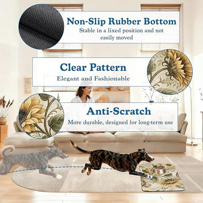 Vintage Sunflower Pet Feeding Mat for Floors–Christmas Stocking Absorbent Quick Dry Dog Cat Bowl Mat for Food and Water, Non Slip Waterproof Base, Mess-Free Feeding Accessories 16"x24"