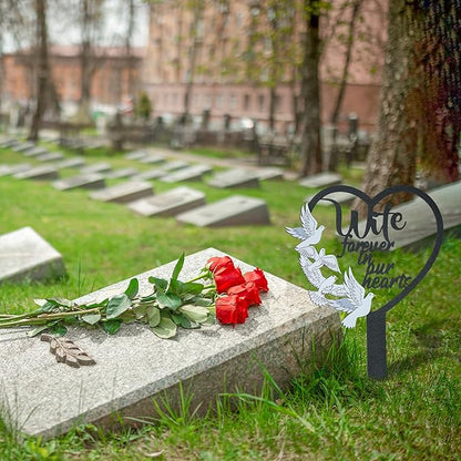 BUoonyer Stake Graves Cemetery Decorations - Wife Metal Memorial Grave Markers, Women Heart Graveyard Sympathy Plaque, Dove Remembrance Graveside Burial Decor Sign for Outside Yard Garden