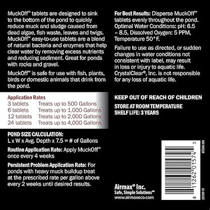 CrystalClear MuckOff, Natural Pond Muck Treatment, Water Garden, Fountain & Bird Bath Sludge Remover, Living Beneficial Bacteria Clarifier with Enzyme, Fish, Aquatic Animal, & Pet Safe, 24 Tablets