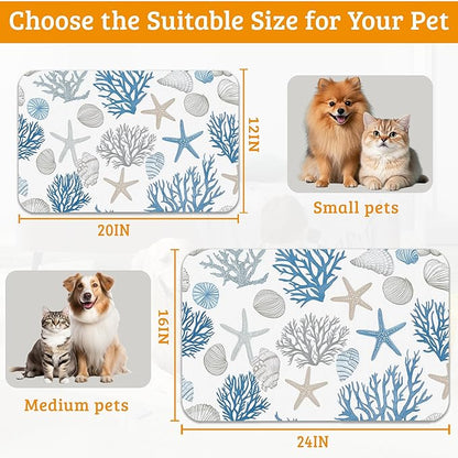 Seashell Beach Feeding Mat,Coral Starfish Absorbent Quick-Dry Cat Dog Food and Water Bowl Mats,Non-Slip Rubber Backing Mat,Cat Dog Accessories Supplies 16" x 24"