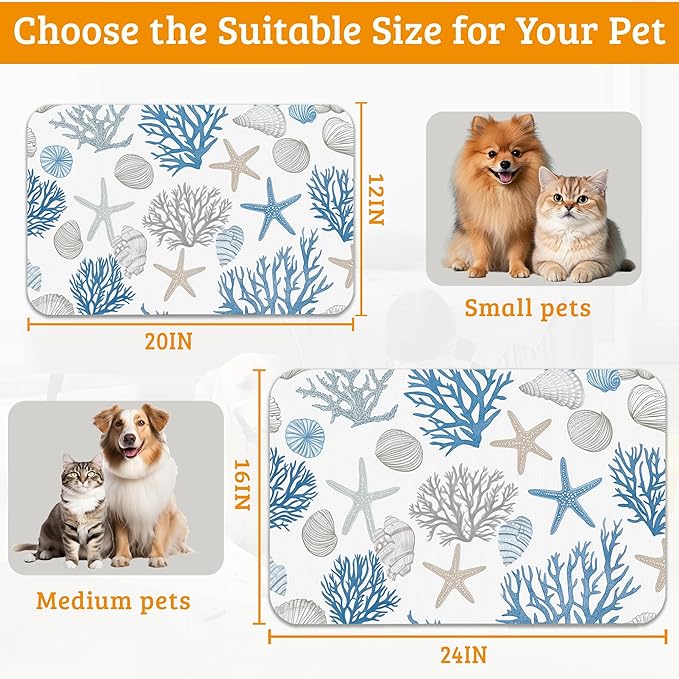 Seashell Beach Feeding Mat,Coral Starfish Absorbent Quick-Dry Cat Dog Food and Water Bowl Mats,Non-Slip Rubber Backing Mat,Cat Dog Accessories Supplies 12" x 20"