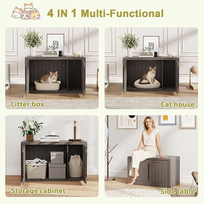 Cat Litter Box Enclosure, Hidden Enclosed Litter Box Furniture with Adjustable Partition, Multi-Functional Outdoor Cat House, Side Table, Easy to Clean, Dark Gray