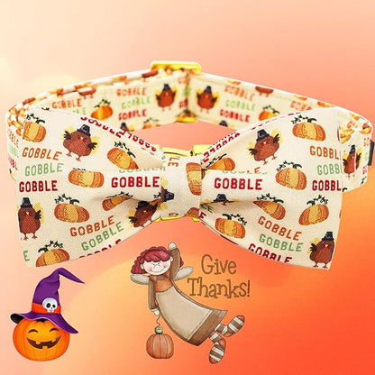 Dog Collar, Thanksgiving Turkey Pet Collar Bow Holiday Girl Boy Bow Puppy Collar Adjustable Dog Collars for Medium Dogs