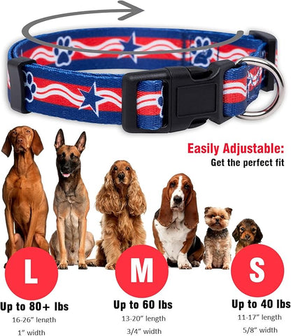 Native Pup American Flag Dog Collar- Red White and Blue- Patriotic Collars for 4th of July, USA- Adjustable Small, Medium, Large Breed Dogs (Medium, Paws)