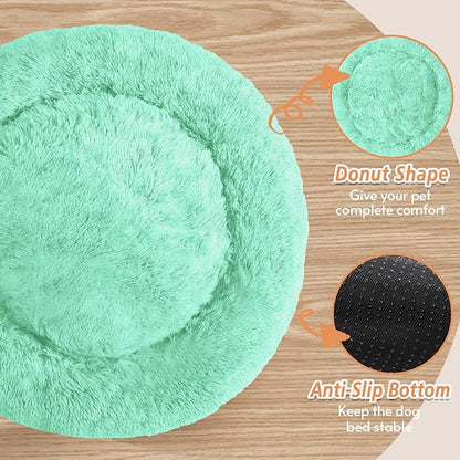 JOLLYVOGUE Calming Dog Bed for Small Dogs - 23 inches Donut Washable Small Dog Bed for Kittens & Puppies, Anti-Slip Round Fluffy Plush Faux Fur Cat Beds (Fits up to 25 lbs Pets, Mint Green)
