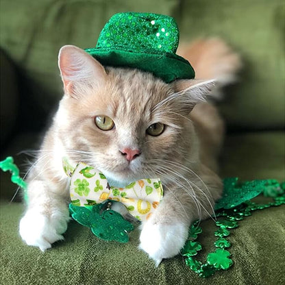 St. Patrick's Day Cat Bowtie - Green Clover Pattern with Festive Holiday Charms for Cats & Small Pets, Adjustable Pet Collar with Rainbow and Lucky Bell