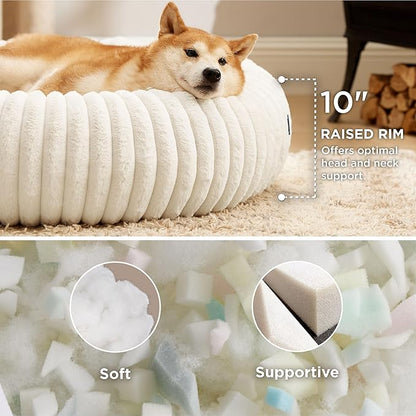 Bedsure ComfyFleece™ Donut Large Dog Bed - Washable Faux Fur with Corduroy Fleece & Anti Slip Bottom, Round Pet Bed with Removable Cover, Cream, 36x36x8 inches