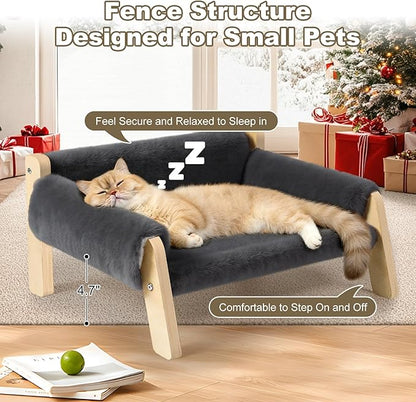 Elevated Cat Couch Bed for Indoor Cats - Wooden Pet Sofa with Removable Washable Thick Cover Raised Kitty Lounge Chair Suitable for Puppy or Small Animals(Cat Sofa Grey)