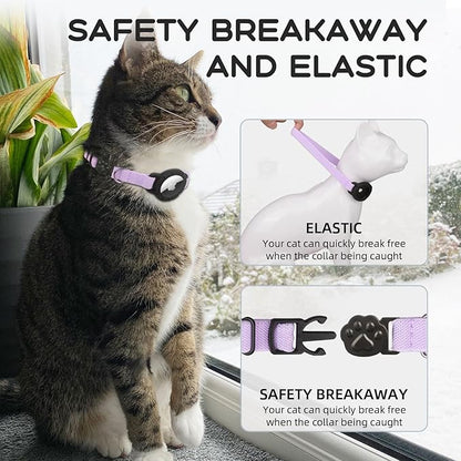AirTag Cat Collars, Stretchy Collar with Apple AirTag Holder and Bell, Breakaway Ultra Design Elastic GPS Tracking Collars for Cats and Puppies, (7.5-12.5 Inch), Purple