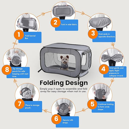 Beatrice Home Fashions Portable, Collapsible, Pop Up Kennel Travel Cat and Dog Crate, 36" L x 22" W x 22" H, Gray