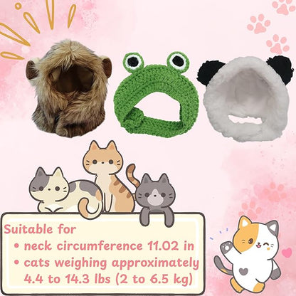 3pcs Hat for Cat Animal Costume Pack, Lion Head for Cats, Cat Panda Costumes, Frog Costume for Cats, Adjustable Washable Soft Small Pet Headwear Accessory, Costumes Pet Clothes (Lion, Panda, Frog)