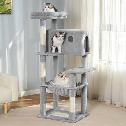 54" Cat Tree with Big Hammock 21x17” XL Cat Tower with Scratching Posts Featuring Large Top Bed, Scratcher Pad, Spacious Condo House and Detectable Ball for Indoor Cats-Large Gray