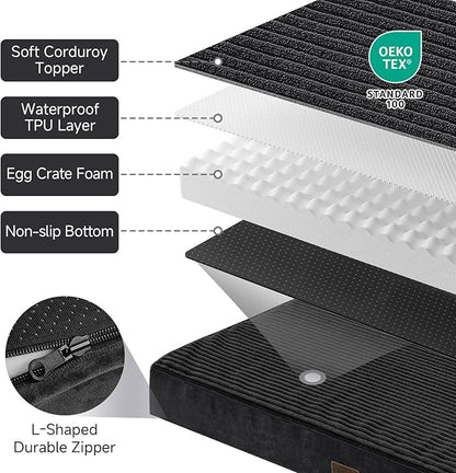 OhGeni Orthopedic Waterproof Top Surface & Machine Washable Dog Bed for Medium Large Pets, Cat Mat with 25D Egg Crate Foam, Non-Slip Bottom & Removable Cover, 36 Inches(Black)