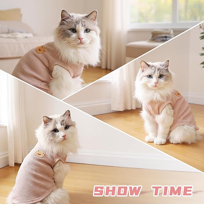 Waffle Knit Cat & Dog T Shirt for Small Dogs, Stretchable Puppy Shirt for Sphynx Cats & Small Breeds, Pet Clothes | Breathable Summer/Winter Apparel for Newborn(3PCS Medium)
