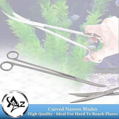 A2Z-Aquascaping Maintenance Tools Accessories,Anti-Rust Stainless Steel Tweezers Scissors Spatula for Aquarium Tank Clean, Fish Tank, Bonsai, Algae Scrapers (12" Scissors - Curved - Silver)
