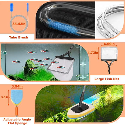 SEAOURA 7-in-1 Aquarium Cleaning Tool, Fish Tank Cleaner with Telescopic Handle,Aquariums Scraper,Adjustable Angle Brush,Gravel Rake,Plant Fork, Flat Sponge,Large Fishes Net,Hose Brushes