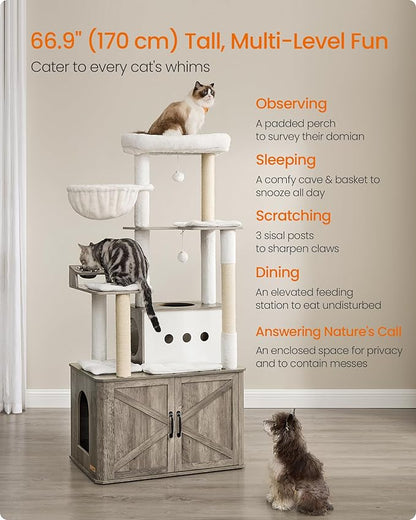 Feandrea Cat Tree, 66.9-Inch Cat Tower with Litter Box Enclosure, Large Condo with Food Station, Storage, Scratching Posts, Cave, Hammock, Washable Cushions, Heather Greige UPCT169K02
