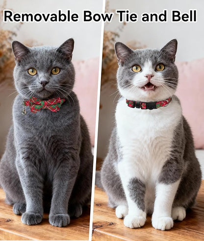 Joytale Upgraded Christmas Cat Collar with Bells, Breakaway Cat Collars with Bow Tie, 1 Pack Girl Boy Safety Plaid Kitten Collars, Red+Green Plaid