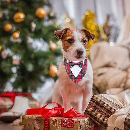 ADOGGYGO Christmas Dog Tuxedo Bandana, Red Plaid Pet Chritstmas Collar with Bowtie, Adjustable Christmas Costume for X-Small Dogs Pets (XS)