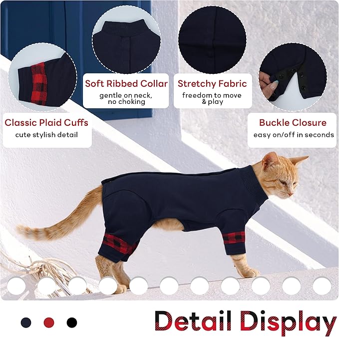 PUMYPOREITY Easy-On Cat Shirt, Soft Stretchy Cat Sweater with Back Snap for Easy Wear, Breathable Recovery Suit for Surgery Recovery, Lightweight Pajamas for All-Day Wear, M, Blue