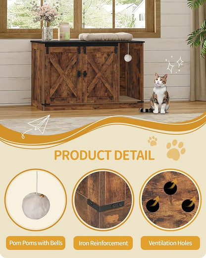 Cat Litter Box Enclosure, Hidden Litter Box Cabinet Furniture with Bell, Indoor Cats House, Farmhouse Style, 39.4 x 21.7X 24.8 Inches for Hallway, Bedroom, Rustic and Black CB85201X