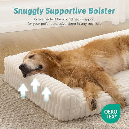 Cute Dog Bed, Faux Rabbit Fur Orthopedic Foam Dog Bed with Sides, Removable Washable Cover & Waterproof Lining, Comfortable Pet Couch for Extra Large Dogs, Cream (48" L x 35" W x 7.5" Th)