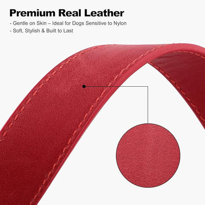 Plutus Pet Genuine Leather Dog Collar – Adjustable Pet Collar with Quick Release Metal Buckle, Soft Real Leather for Small Medium Large Dogs, Heavy Duty & Skin-Friendly (Red, S)