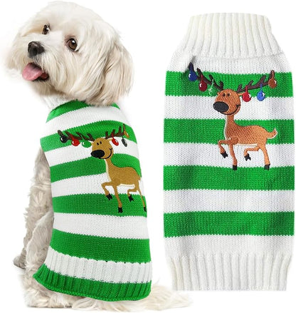 Christmas Dog Sweaters Xmas Pet Outfits Striped Elk Costume Holiday Clothes Gifts Puppy Cat Knitted Jumpers (XS,Green White Stripe Elk)