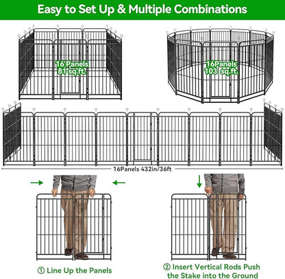 Heavy Duty Dog Playpen: 16 Steel Panels 47" Height, Square Steel Pipe with Reinforced Crossbars, 36FT 103 Sq.ft Portable Fence for Yard RV Camping, Snowy Black