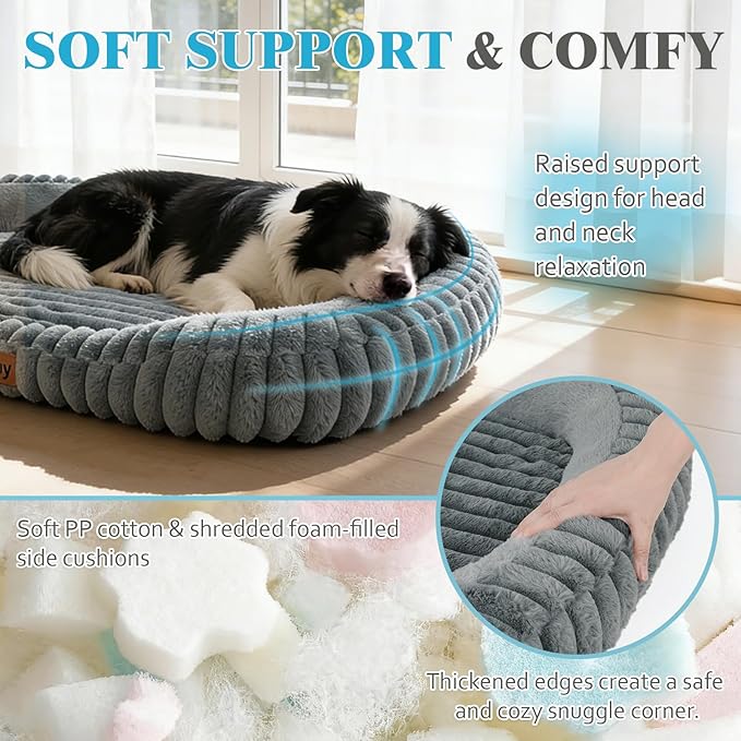 Orthopedic Dog Bed for Large Dogs, Comfort-Sided Calming Pet Bed with Breathable Memory Foam, Plush Faux Rabbit Fur & Non-Slip Bottom, Machine Washable with Carry Handle, 35"x27"x5.5", Grey