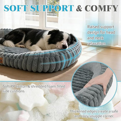 Orthopedic Dog Bed for Large Dogs, Comfort-Sided Calming Pet Bed with Breathable Memory Foam, Plush Faux Rabbit Fur & Non-Slip Bottom, Machine Washable with Carry Handle, 35"x27"x5.5", Grey