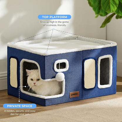 Extra-Wide Cat House for Indoor Cats - Large Cat House for Pet with Fluffy Ball Hanging and Scratch Pad, Foldable Cat Hideaway for Multi Cats, 23x16.5x13 inches, Green