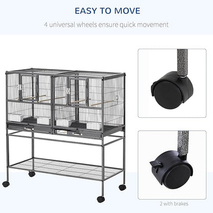 PawHut Divided Breeder Bird Cage with Rolling Stand Removable Metal Tray, Storage Shelf, Wood Perch, and Food Container