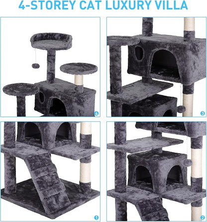 54-Inch Cat Tree for Large Cats, Sturdy Multi-Level Cat Tower with 2 Condos, Hanging Ball and Sisal Scratching Posts, Durable Cat Furniture for Indoor Cats (Dark Grey)