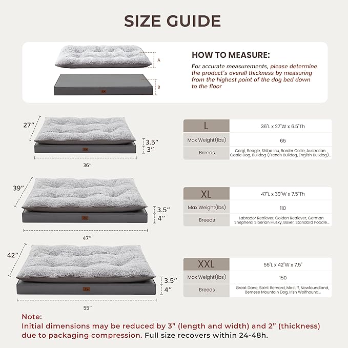 2-Pack Waterproof Dog Bed Large Size Dogs, Plush Cushion & Orthopedic Egg-Crate Foam Mattress for Senior Dogs, Washable Dog Crate Bed with Removable Cover, Dark Grey