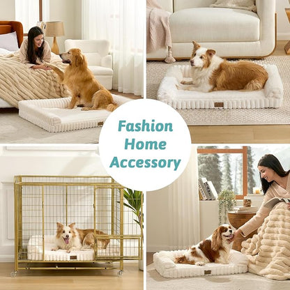 Cute Dog Bed for Large Dogs, Faux Rabbit Fur Orthopedic Foam Dog Bed with Sides, Removable Washable Cover & Waterproof Lining, Comfortable Pet Couch, Cream (44" L x 32" W x 7" Th)