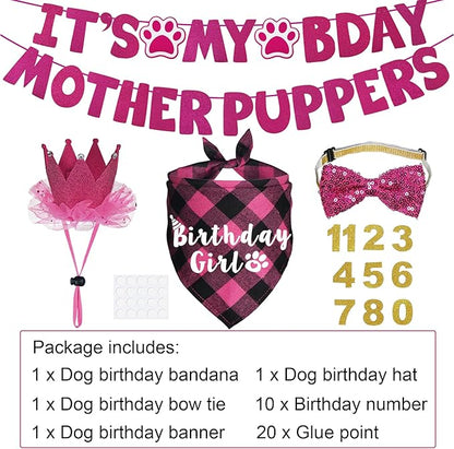 Dog Birthday Decorations, Multi Sizes Dog Birthday Bandana Girl Dog Birthday Hat Crown Bow Tie Birthday Numbers It’s My Bday Mother Puppers Sign Banner for Medium Large Dogs Pets (Pink, Large)