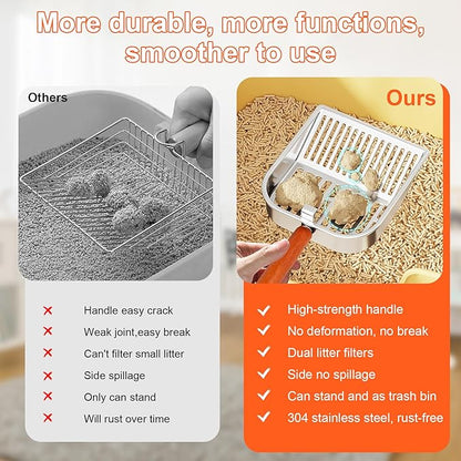 Stainless Steel Cat Litter Scoop with Holder, Kitty Poop Scooper Stand for Litter Box, Fast Sifting Non-Stick Cat Poop Scooper with Coarse and Fine Grids for All Litter Pan, Orange