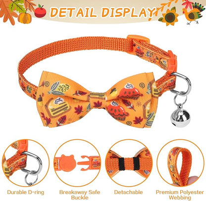 SCENEREAL Thanksgiving Cat Collar Breakaway, 3 Pack Kitten Collars with Bell, Bowtie and Safety Buckle - Adjustable Cute Holiday Cat Collars with Turkey and Pumpkin Pattern for Girl Boy