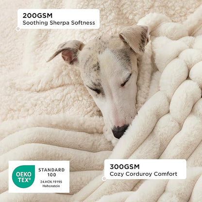 Bedsure ComfyFleece™ Waterproof Dog Blankets for Medium Dogs - Soft Puppy Cat Blanket Corduroy Fleece Washable, Cozy Calming Reversible Furniture Protection for Pet Kitten Doggy,30"x40", Cream
